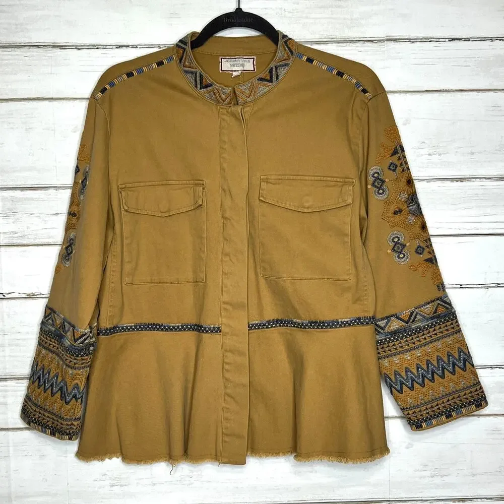 Johnny Was Amika Peplum Military Embroidered Jacket Tan Size Medium